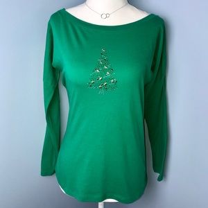 Embellished Christmas Tree Wide Scoop Neck Top